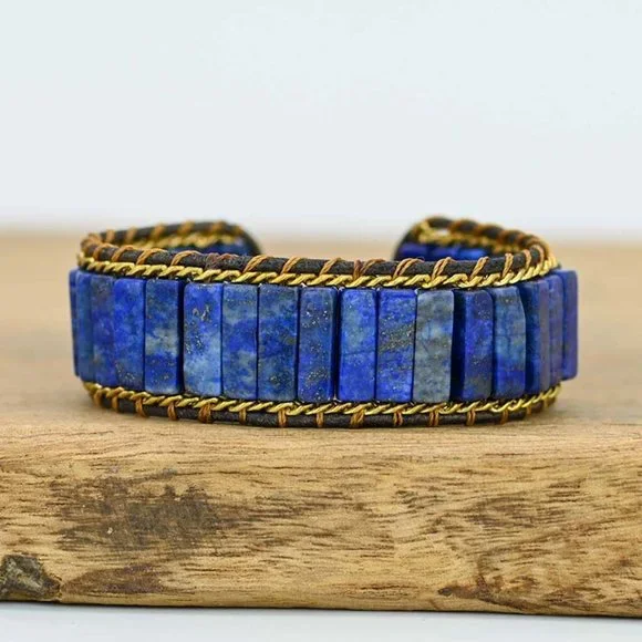 Natural Lapis Lazuli Handmade Healing Chakra Men Women Cuff Blue Bracelet Gifts - Picture 2 of 3